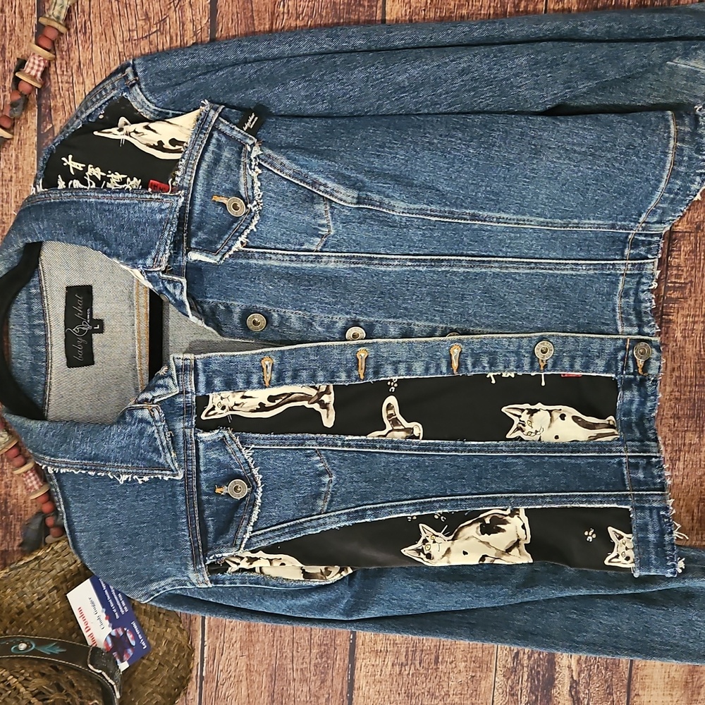 HANDMADE☆UPCYCLED  "BABY PHAT" "SIAMESE CATS MEOW 2023" JEAN JACKET!! SIZE LARGE